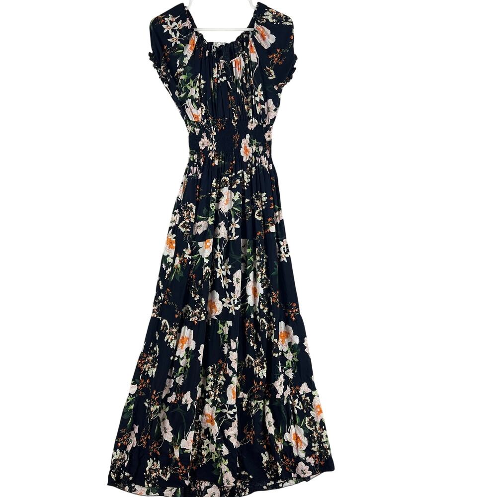 Kindred Womens Tiered Maxi Dress L Dark Navy Floral Smocked Waist Boho Prairie
